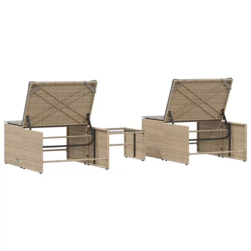  2 db bézs polyrattan napozóágy asztallal