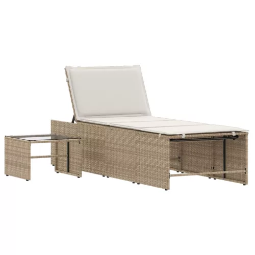  2 db bézs polyrattan napozóágy asztallal