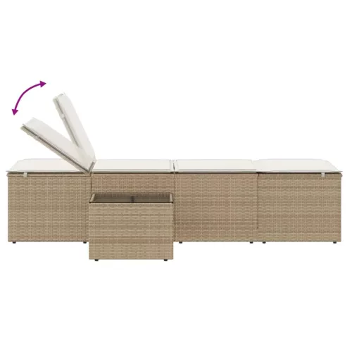 2 db bézs polyrattan napozóágy asztallal