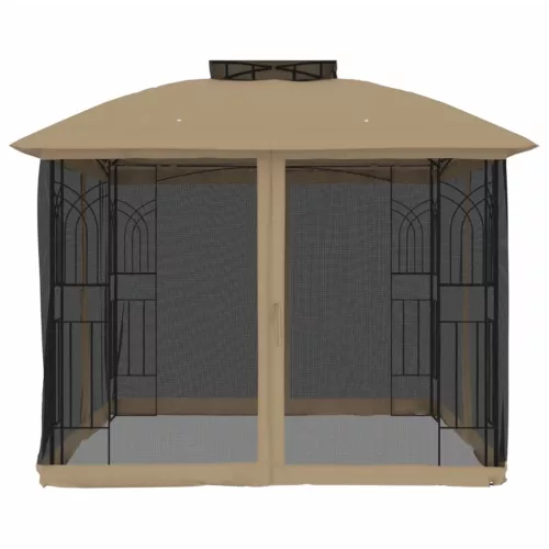  tópszínű acél dupla tetős pavilon hálós falakkal 2,94 x 2,94 m