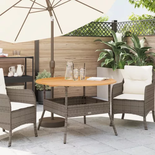  szürke polyrattan kerti asztal akácfa lappal Ø110 x 71 cm