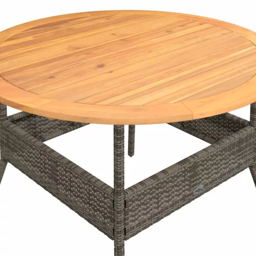  szürke polyrattan kerti asztal akácfa lappal Ø110 x 71 cm