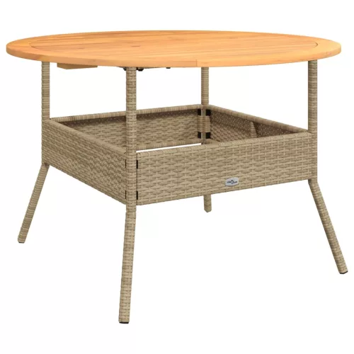  bézs polyrattan kerti asztal akácfa lappal Ø110 x 71 cm