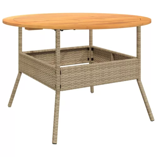 bézs polyrattan kerti asztal akácfa lappal Ø110 x 71 cm
