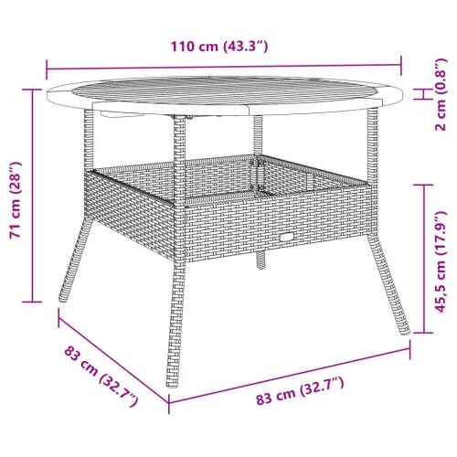  bézs polyrattan kerti asztal akácfa lappal Ø110 x 71 cm