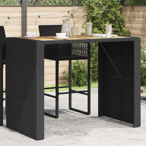  fekete polyrattan kerti bárasztal akácfa lappal 145x80x110 cm