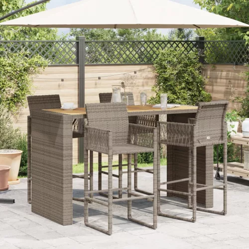  szürke polyrattan kerti bárasztal akácfa lappal 185x80x110 cm