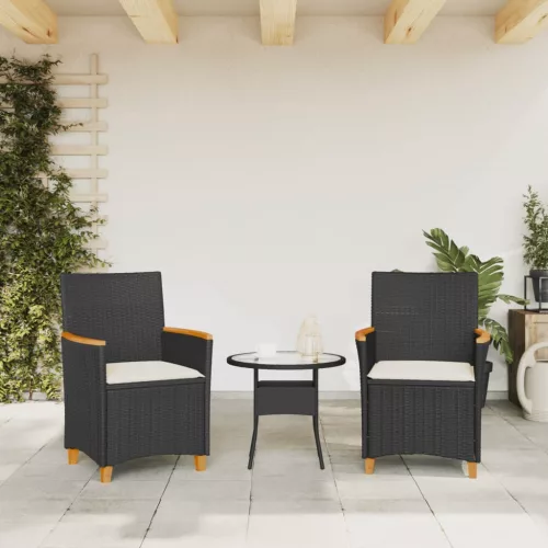  2 db fekete polyrattan és tömör fa kerti szék párnával