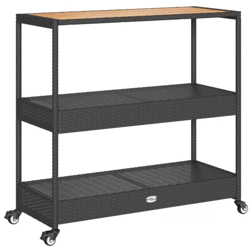  3 szintes fekete polyrattan és tömör akácfa zsúrkocsi
