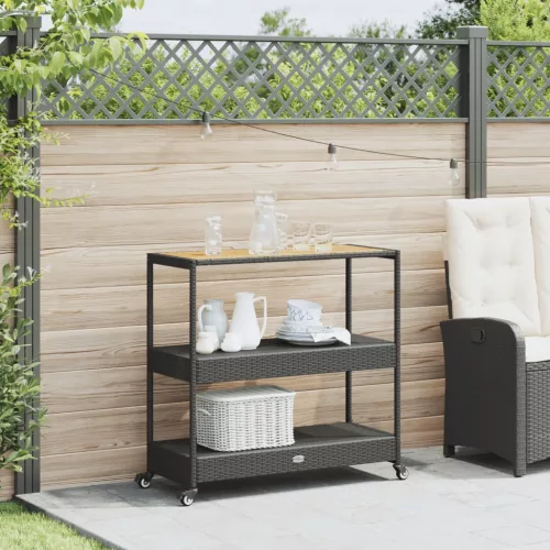  3 szintes fekete polyrattan és tömör akácfa zsúrkocsi
