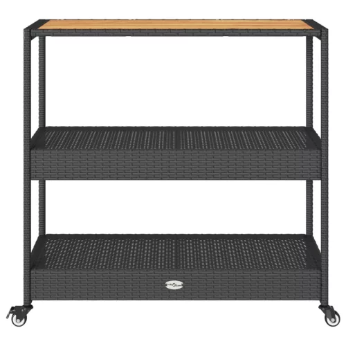  3 szintes fekete polyrattan és tömör akácfa zsúrkocsi