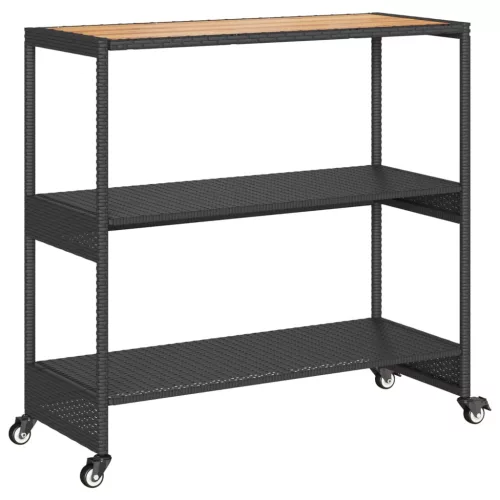  3 szintes fekete polyrattan és tömör akácfa zsúrkocsi