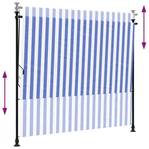  kék és fehér szövet és acél kültéri roló 200 x 270 cm