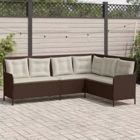  barna polyrattan L-alakú kerti kanapé párnákkal