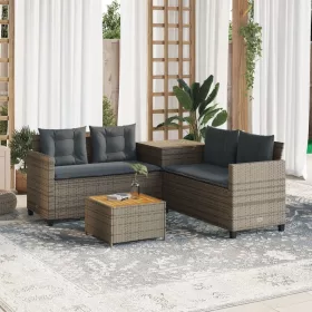    L-alakú szürke polyrattan kerti kanapé asztallal és párnákkal