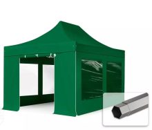   Professional összecsukható sátrak PREMIUM 350g/m2 ponyvával, acélszerkezettel, 4 oldalfallal, panoráma ablakkal - 3x4,5m zöld