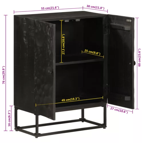  fekete tömör mangófa és vas tálalószekrény 55 x 30 x 76 cm