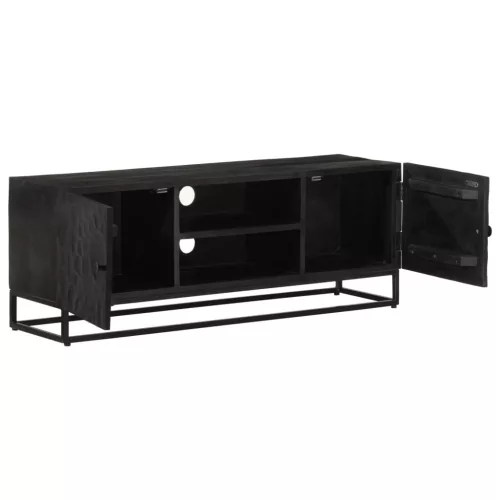  fekete tömör mangófa és vas TV-szekrény 110 x 30 x 40 cm