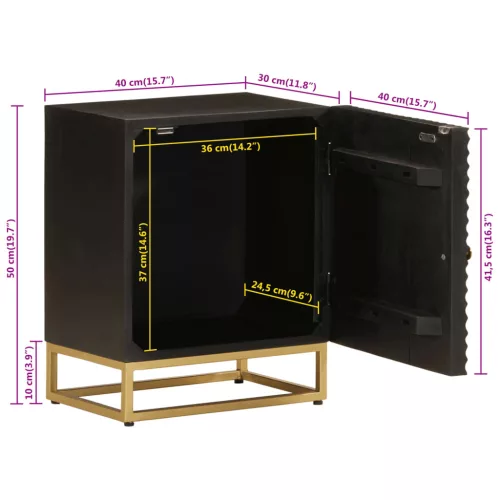  fekete tömör mangófa és vas éjjeliszekrény 40 x 30 x 50 cm