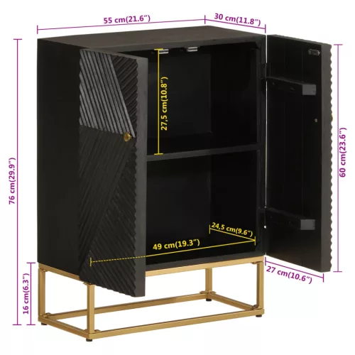  fekete tömör mangófa és vas tálalószekrény 55 x 30 x 76 cm