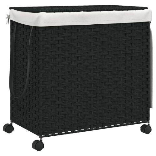  fekete rattan szennyeskosár kerekekkel 60x35x60,5 cm