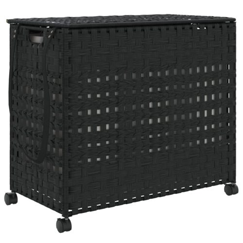  fekete rattan szennyeskosár kerekekkel 66x35x60 cm