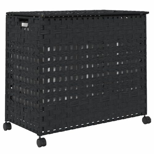  fekete rattan szennyeskosár kerekekkel 66x35x60 cm