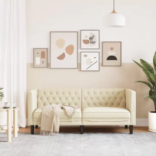  2 személyes krémszínű műbőr Chesterfield kanapé