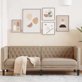  3 személyes kávészínű műbőr Chesterfield kanapé