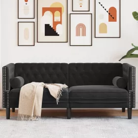    2 személyes fekete bársony Chesterfield kanapé hengerpárnákkal