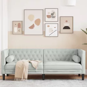    3 személyes világoszöld bársony Chesterfield kanapé párnákkal