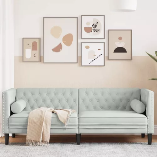  3 személyes világoszöld bársony Chesterfield kanapé párnákkal