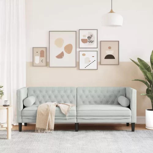  3 személyes világoszöld bársony Chesterfield kanapé párnákkal