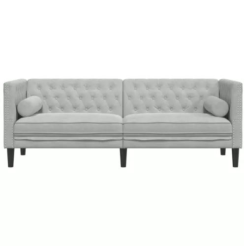  3 személyes világoszöld bársony Chesterfield kanapé párnákkal