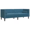  3 személyes kék bársony Chesterfield kanapé hengerpárnákkal
