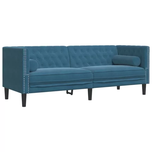  3 személyes kék bársony Chesterfield kanapé hengerpárnákkal