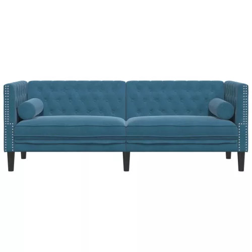  3 személyes kék bársony Chesterfield kanapé hengerpárnákkal