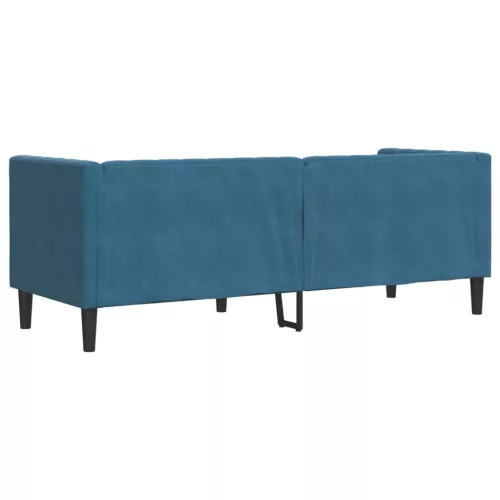  3 személyes kék bársony Chesterfield kanapé hengerpárnákkal