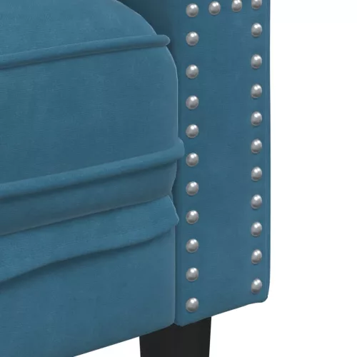  3 személyes kék bársony Chesterfield kanapé hengerpárnákkal