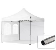   Professional összecsukható sátrak PREMIUM 350g/m2 ponyvával, acélszerkezettel, 2 oldalfallal, hagyományos ablakkal - 3x3m fehér