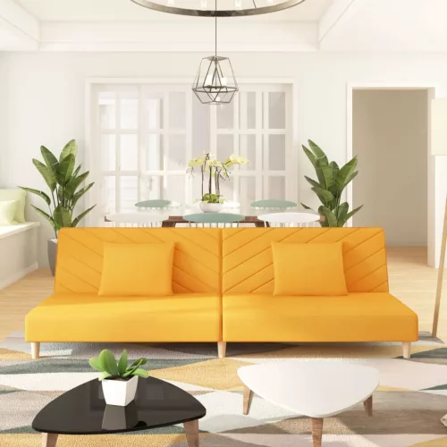 kétszemélyes sárga szövet kanapéágy két párnával