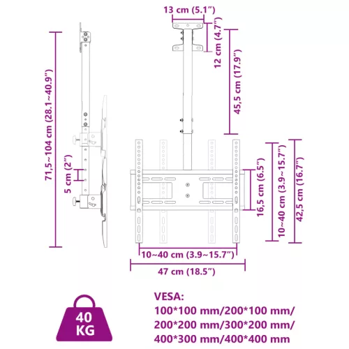  mennyezeti TV-tartó 32-65" képernyőhöz max VESA 400x400mm 40kg"