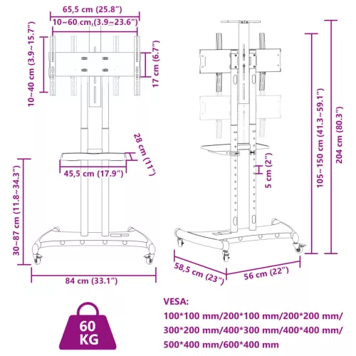  görgős TV-állvány 32-70" képernyőhöz max VESA 600x400 mm 60 kg"