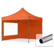   Professional összecsukható sátrak PREMIUM 350g/m2 ponyvával, acélszerkezettel, 2 oldalfallal, panoráma ablakkal - 3x3m narancssárga