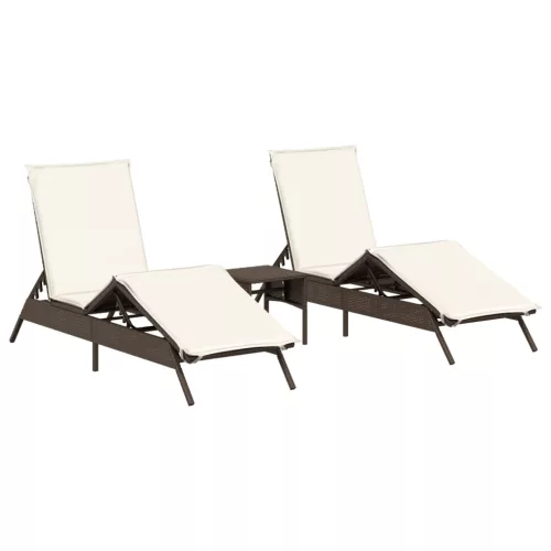  2 db barna polyrattan napozóágy asztallal