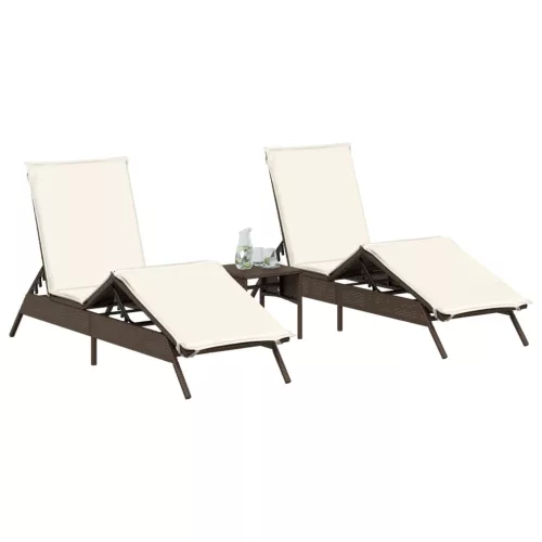  2 db barna polyrattan napozóágy asztallal