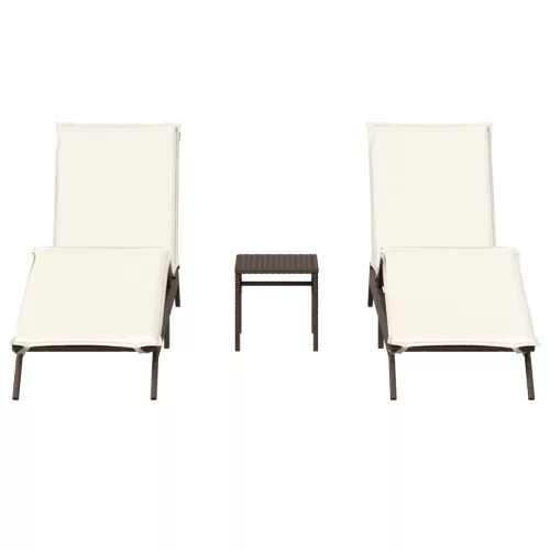  2 db barna polyrattan napozóágy asztallal