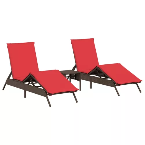  2 db barna polyrattan napozóágy asztallal