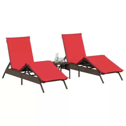  2 db barna polyrattan napozóágy asztallal