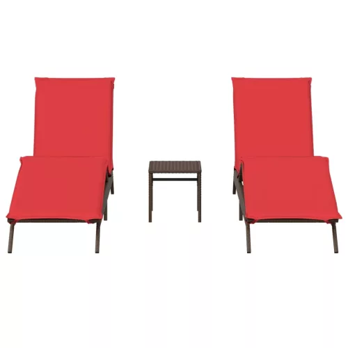  2 db barna polyrattan napozóágy asztallal
